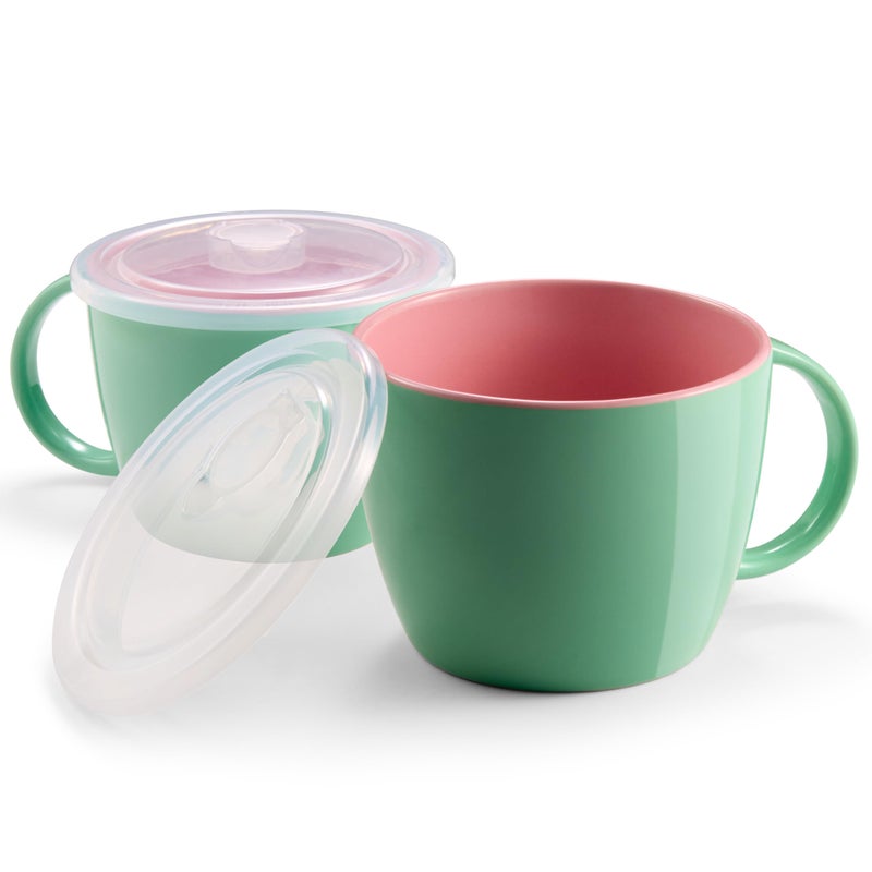 KooK Ceramic Soup Mug Set with Lid & Handles, 25 Oz Microwave-Safe Bowls for Cereal, Overnight Oats, Coffee, Travel Use, Mint/Coral, Pack of 2 - Image 1